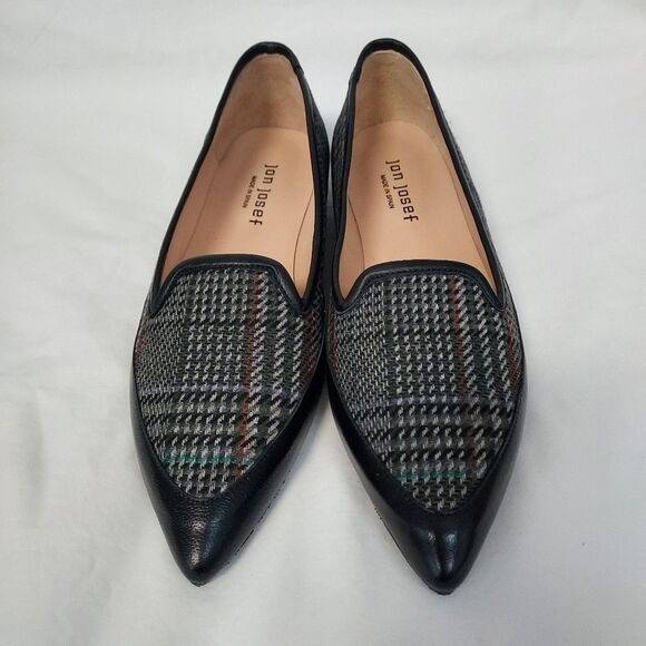 Jon Josef Made in Spain Black Leather Multi Plaid Pointed Toe Flats 8 - Picture 2 of 9
